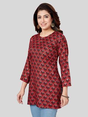 Red printed rayon short-kurtis 4