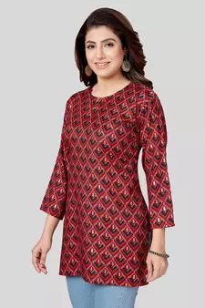 Red printed rayon short-kurtis