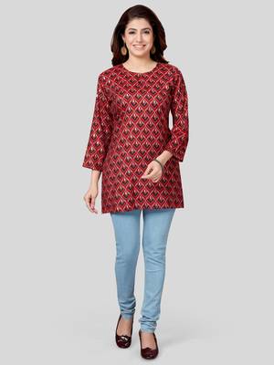 Red printed rayon short-kurtis 5