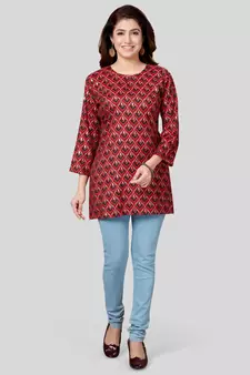 Red printed rayon short-kurtis