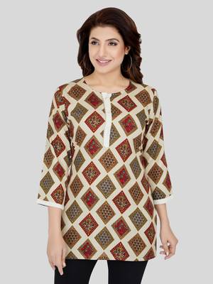 Cream printed rayon short-kurtis 1