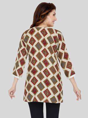 Cream printed rayon short-kurtis 2