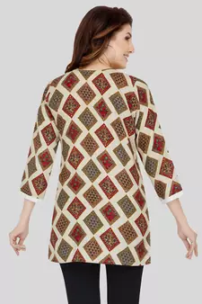 Cream printed rayon short-kurtis