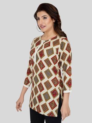 Cream printed rayon short-kurtis 3