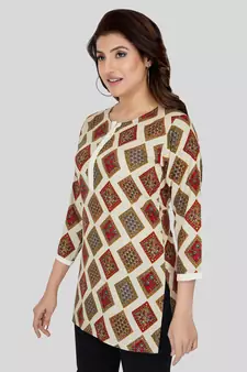 Cream printed rayon short-kurtis