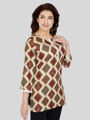 Cream printed rayon short-kurtis 4