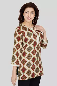 Cream printed rayon short-kurtis