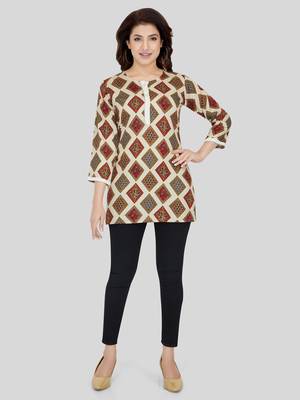 Cream printed rayon short-kurtis 5