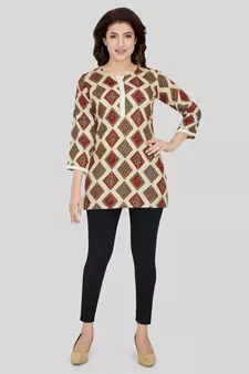 Cream printed rayon short-kurtis