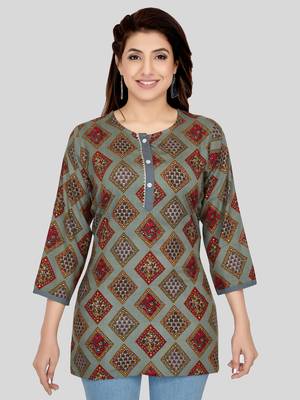 Grey printed rayon short-kurtis 1