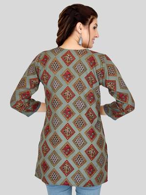 Grey printed rayon short-kurtis 2