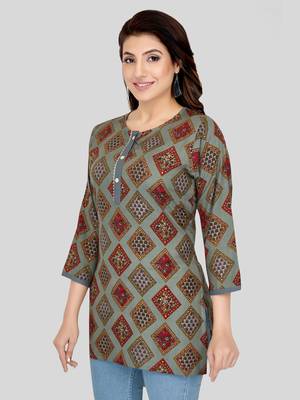 Grey printed rayon short-kurtis 3