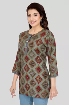 Grey printed rayon short-kurtis