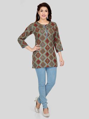 Grey printed rayon short-kurtis 5