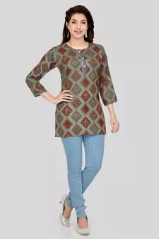 Grey printed rayon short-kurtis