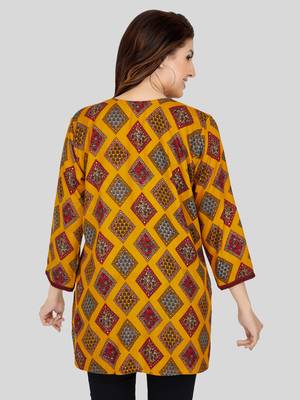 Mustard printed rayon short-kurtis 2