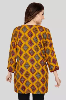 Mustard printed rayon short-kurtis