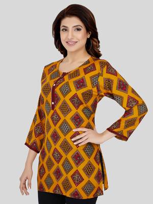 Mustard printed rayon short-kurtis 3