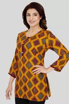 Mustard printed rayon short-kurtis