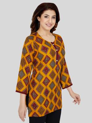 Mustard printed rayon short-kurtis 4