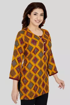 Mustard printed rayon short-kurtis