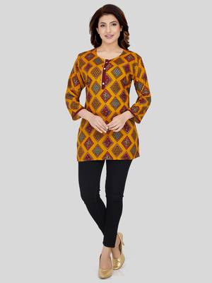 Mustard printed rayon short-kurtis 5