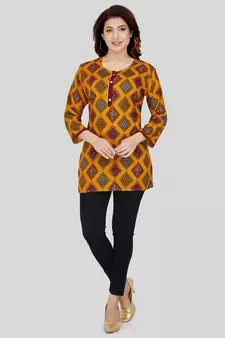 Mustard printed rayon short-kurtis