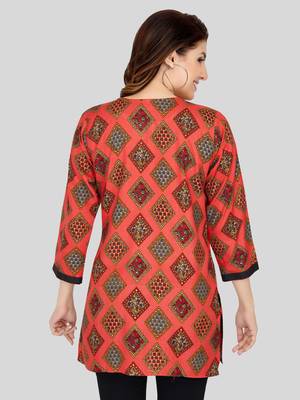 Red printed rayon short-kurtis 2