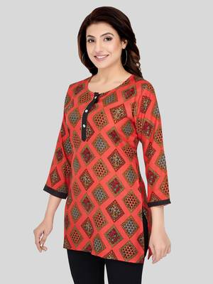 Red printed rayon short-kurtis 3