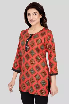Red printed rayon short-kurtis