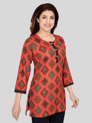 Red printed rayon short-kurtis 4