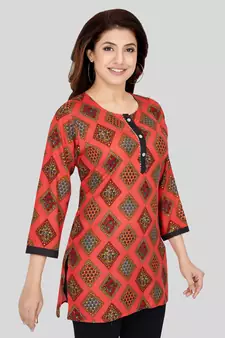 Red printed rayon short-kurtis