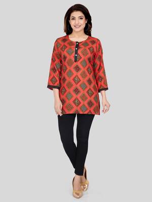 Red printed rayon short-kurtis 5