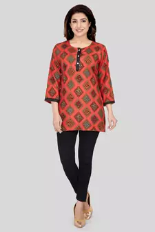 Red printed rayon short-kurtis
