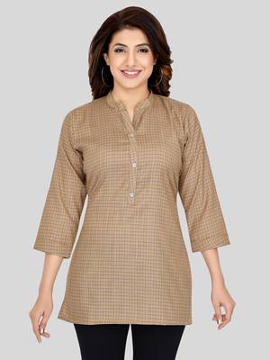 Beige woven cotton silk short-kurtis 1