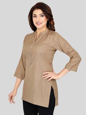 Beige woven cotton silk short-kurtis 3
