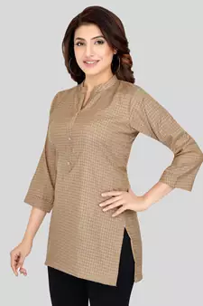 Beige woven cotton silk short-kurtis