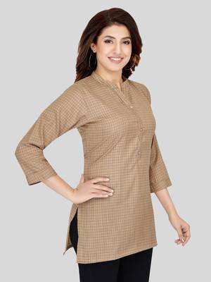 Beige woven cotton silk short-kurtis 4