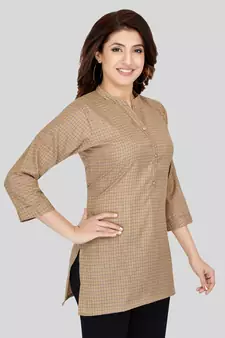 Beige woven cotton silk short-kurtis