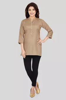 Beige woven cotton silk short-kurtis