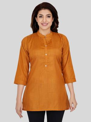 Mustard woven cotton silk short-kurtis 1