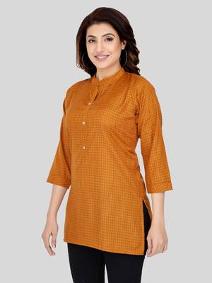 Mustard woven cotton silk short-kurtis 3