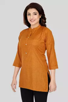 Mustard woven cotton silk short-kurtis