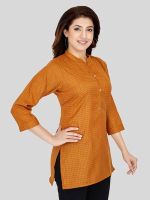 Mustard woven cotton silk short-kurtis 4