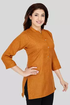 Mustard woven cotton silk short-kurtis