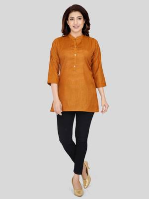 Mustard woven cotton silk short-kurtis 5