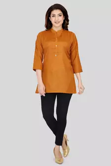 Mustard woven cotton silk short-kurtis
