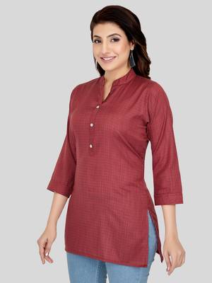 Maroon woven cotton silk short-kurtis 3