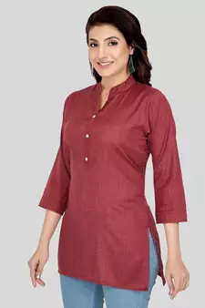 Maroon woven cotton silk short-kurtis