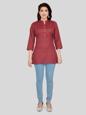 Maroon woven cotton silk short-kurtis 5